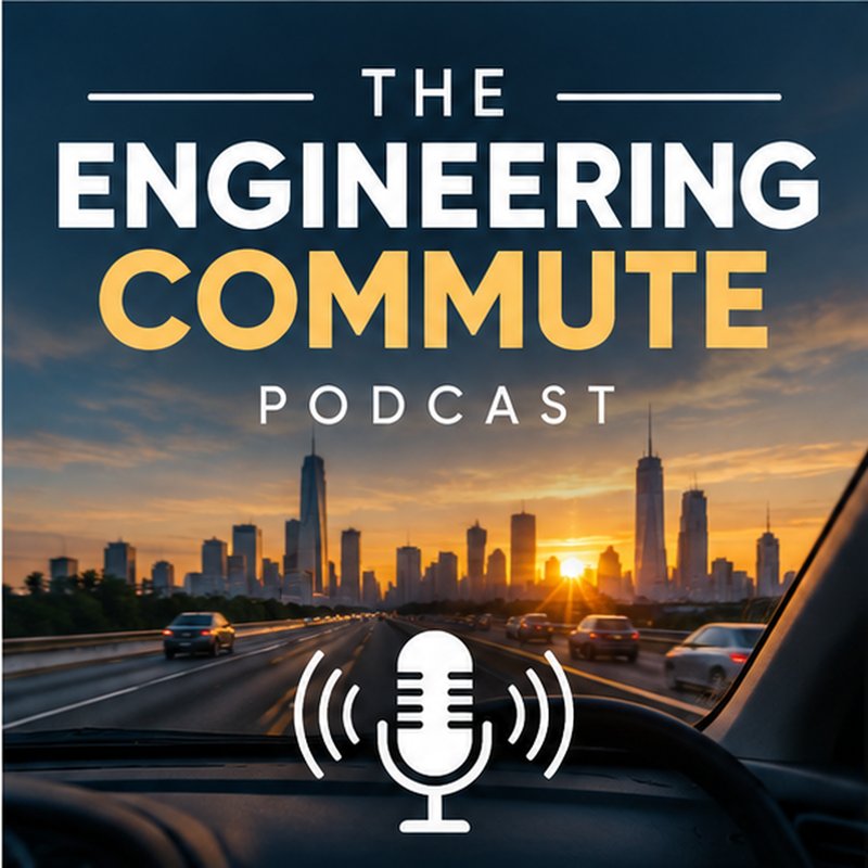 The Engineering Commute podcast cover art: a city skyline at sunset seen from a car, with a microphone icon.